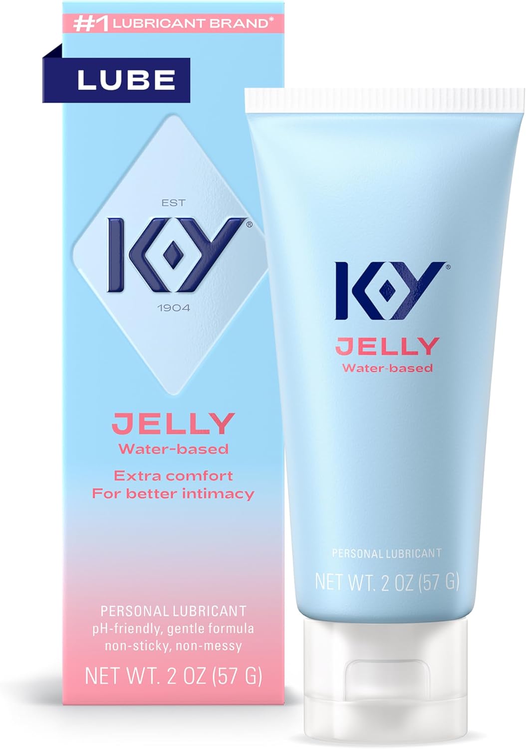 K-Y Jelly personal lubricant packaging with water-based formula for smooth comfort.