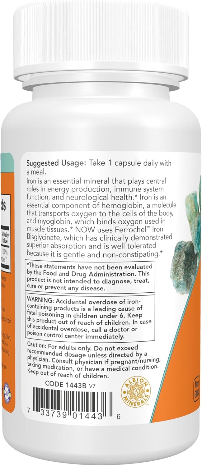 NOW Iron 18 mg supplement facts label with Ferrochel gentle non-constipating iron