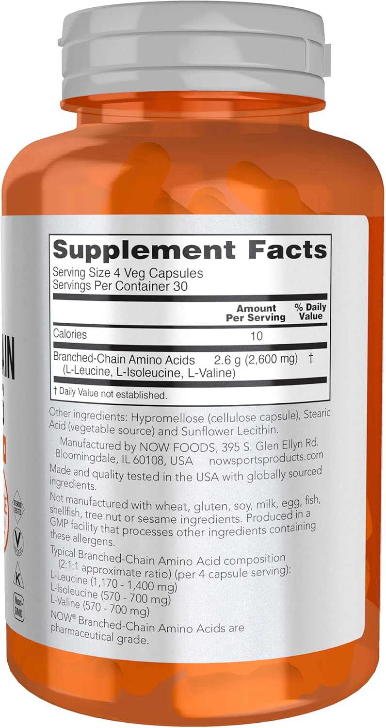 NOW Sports BCAA supplement facts label with 2.6 g branched-chain amino acids