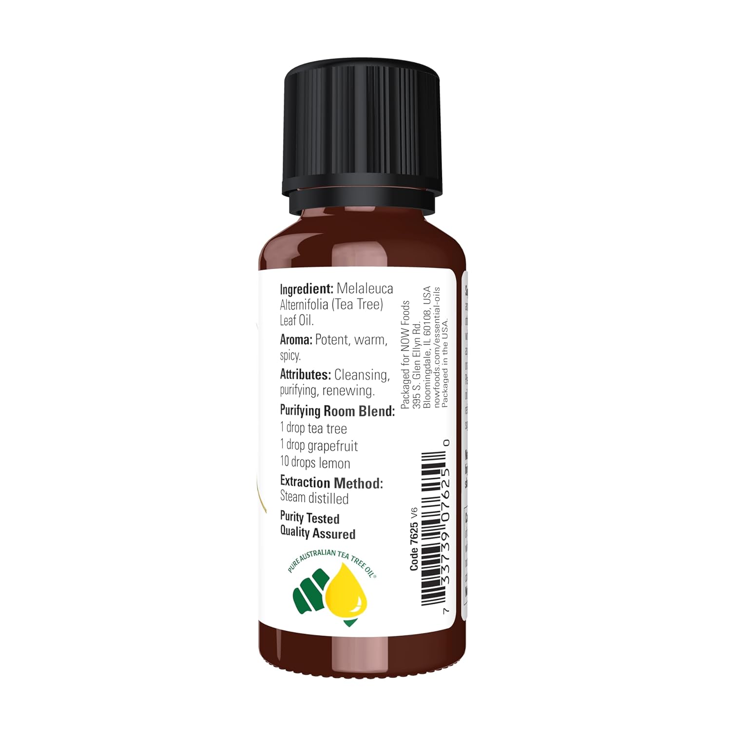NOW Pure Tea Tree essential oil label with Melaleuca alternifolia