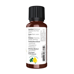 NOW Pure Tea Tree essential oil label with Melaleuca alternifolia