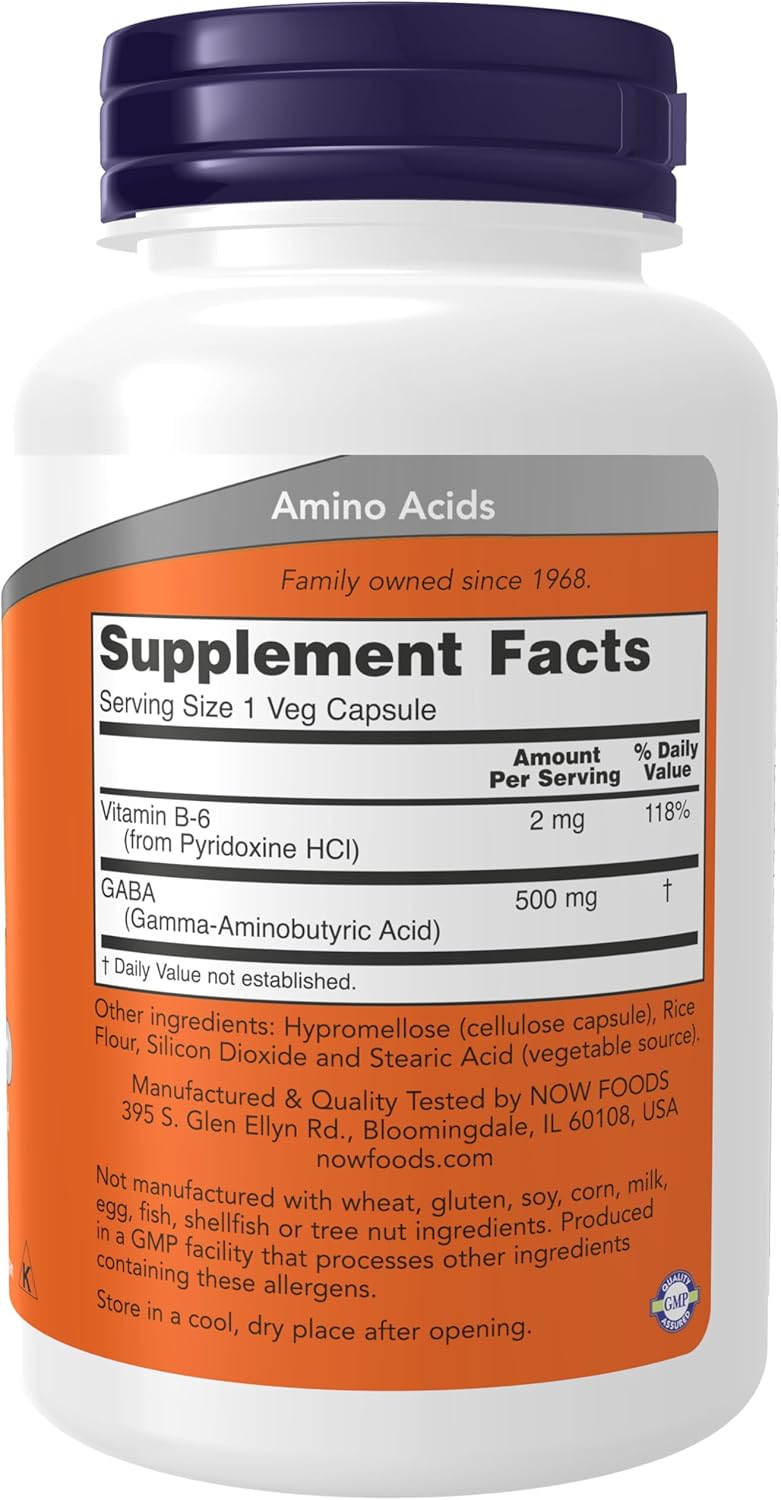 NOW GABA 500 mg 100 Veg Capsules bottle with non-GMO supplement label.