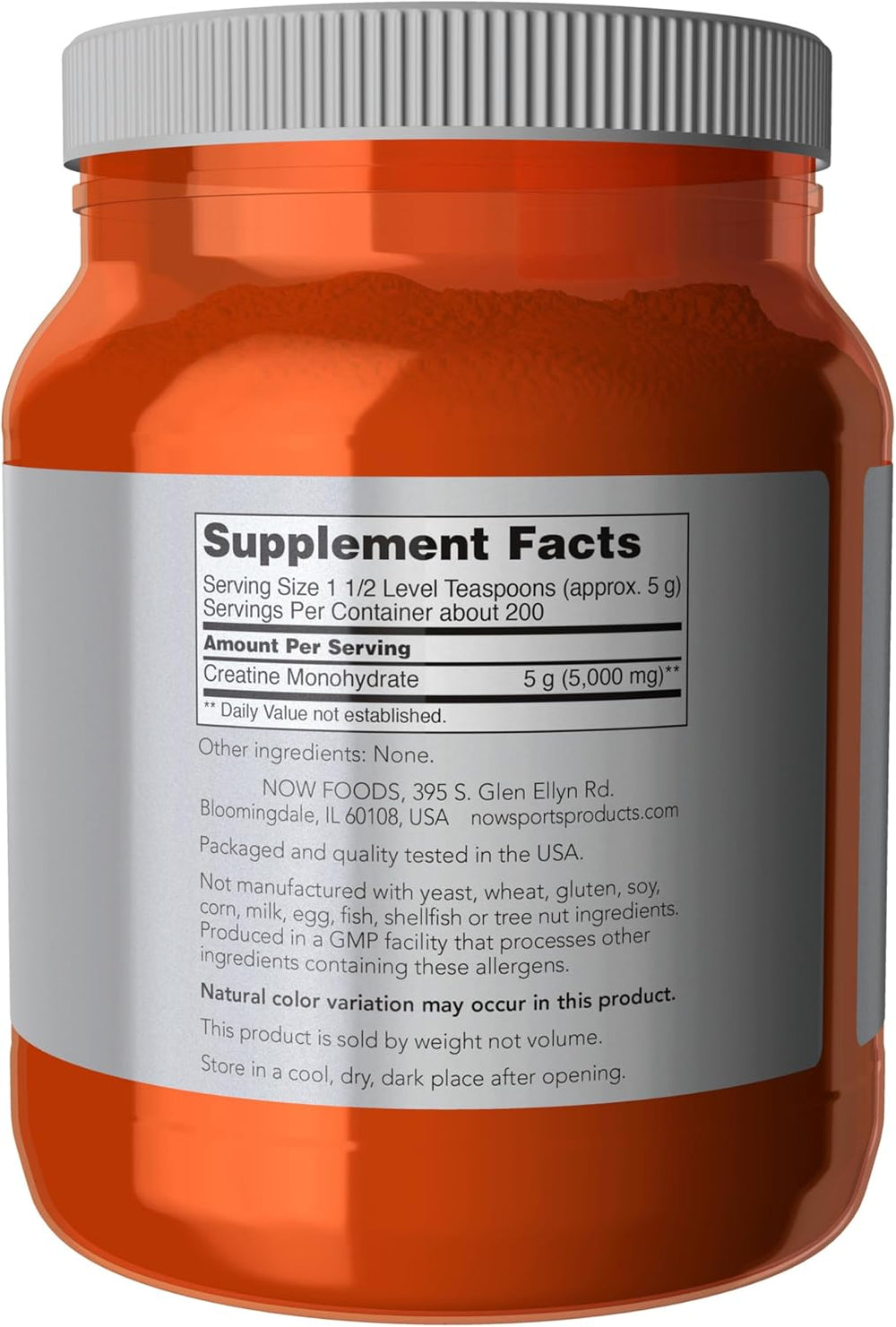 Creatine Monohydrate supplement facts label showing 5 g per serving