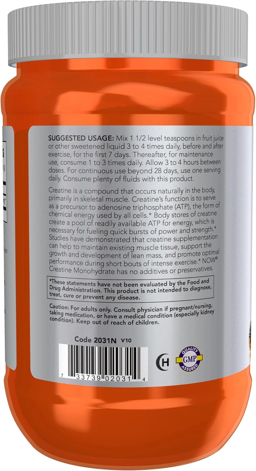 NOW Sports Creatine Monohydrate 600g powder bottle for muscle fuel and workout performance