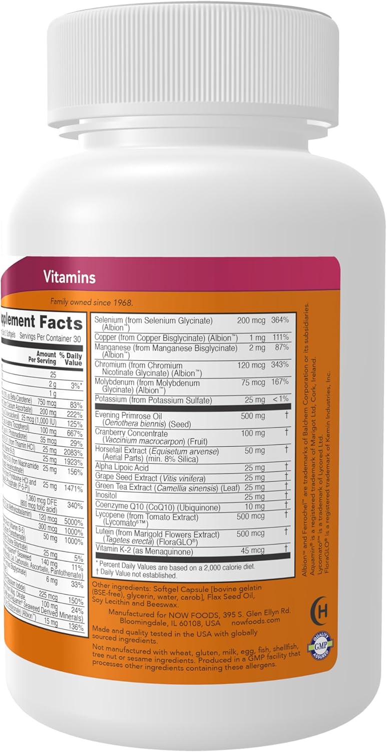NOW EVE Softgels supplement facts label with vitamins minerals and botanicals