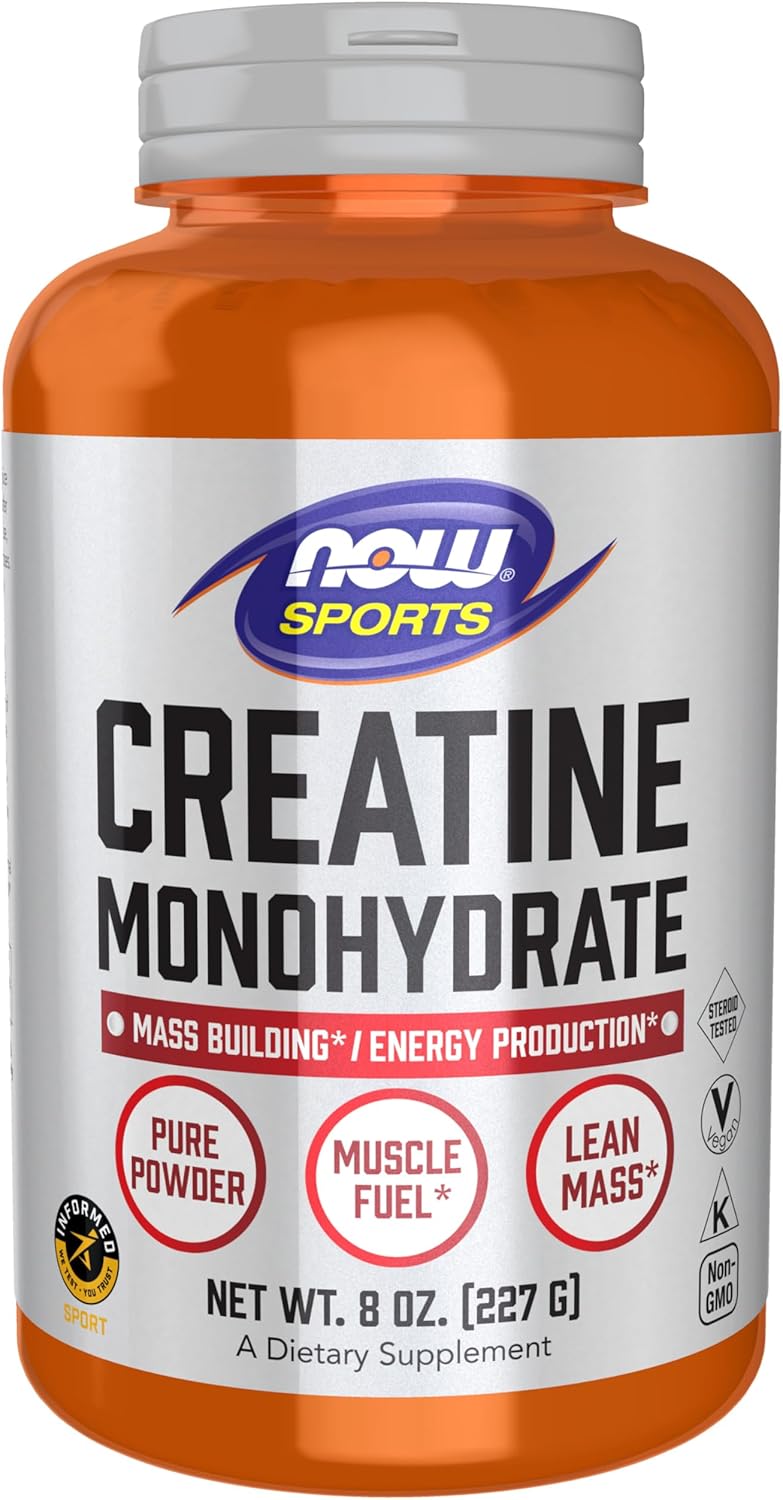 NOW Sports pure creatine powder bottle with Vegan, Non-GMO, and Informed Sport icons