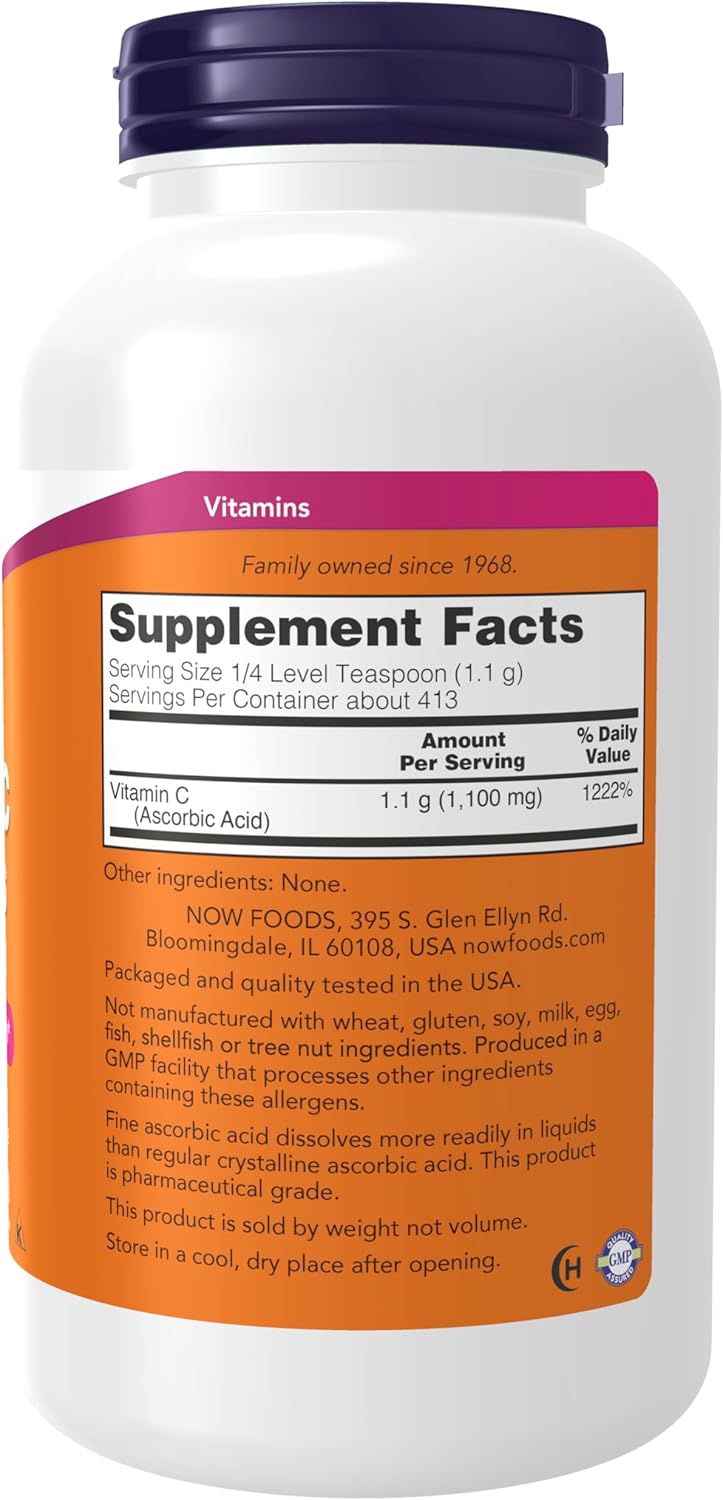 NOW Foods Vitamin C Crystals powder bottle, 1 lb pure ascorbic acid for immune support