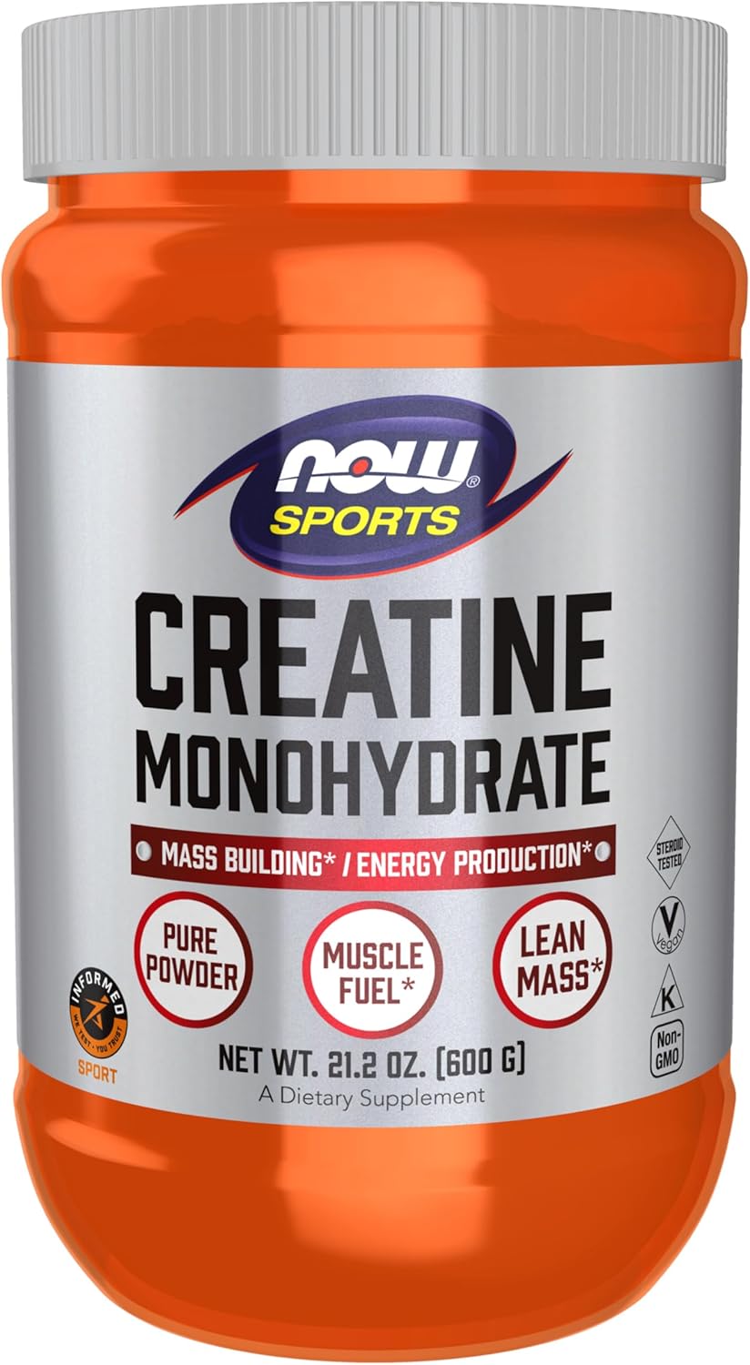 NOW Sports pure vegan creatine powder with Non-GMO and Informed Sport icons