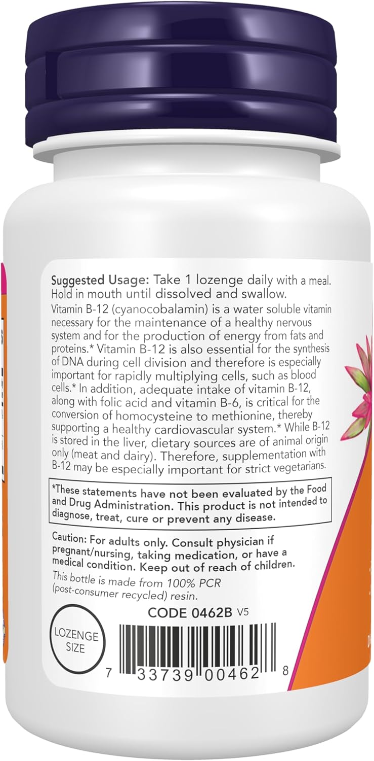NOW Vitamin B-12 5000 mcg with folic acid bottle, 60 lozenges for nervous system support