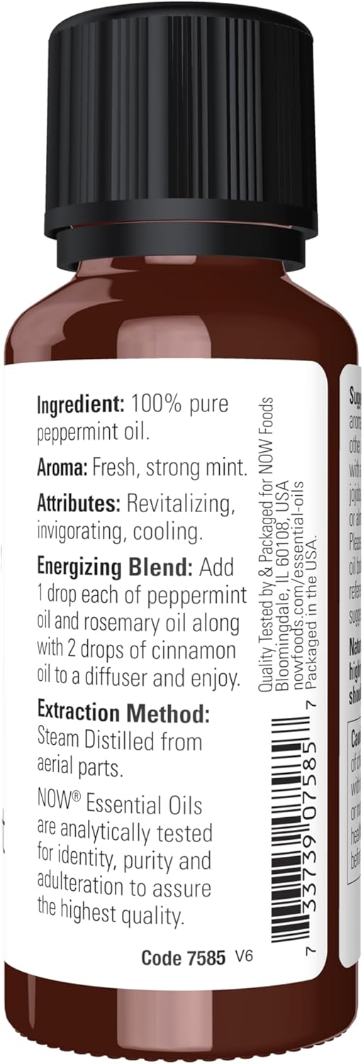 NOW Peppermint essential oil label with Mentha piperita and mint leaves
