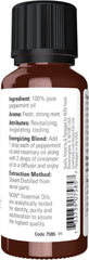 NOW Peppermint essential oil label with Mentha piperita and mint leaves