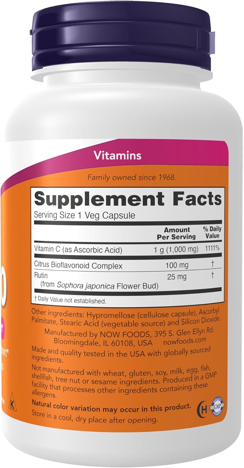 NOW Foods Vitamin C 1000 mg bottle with bioflavonoids, 100 vegan capsules for immune support