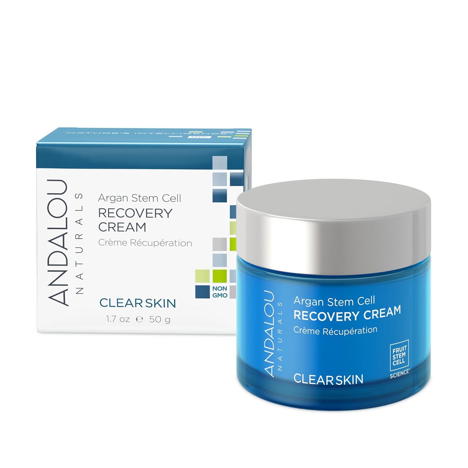Andalou Naturals Argan Stem Cell Recovery Cream Clear Skin 1.7 oz jar and box