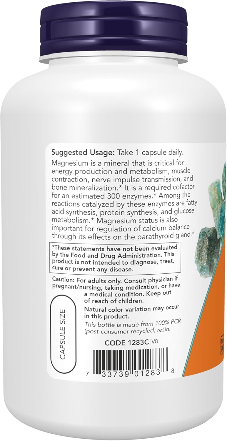 NOW Foods Magnesium 400 mg bottle, 180 vegan capsules for nervous system support