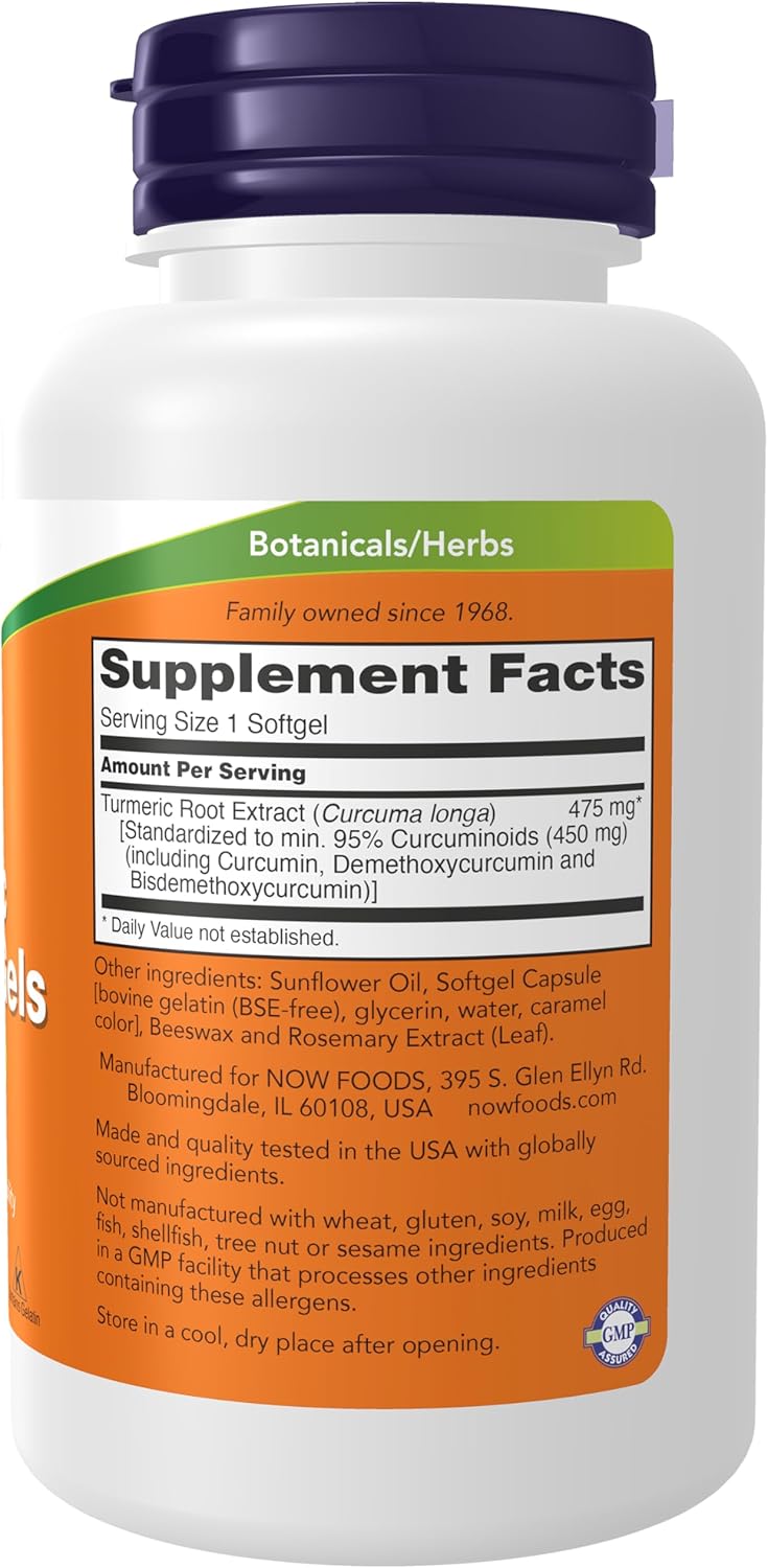 NOW Turmeric Curcumin Gels back label with suggested usage details