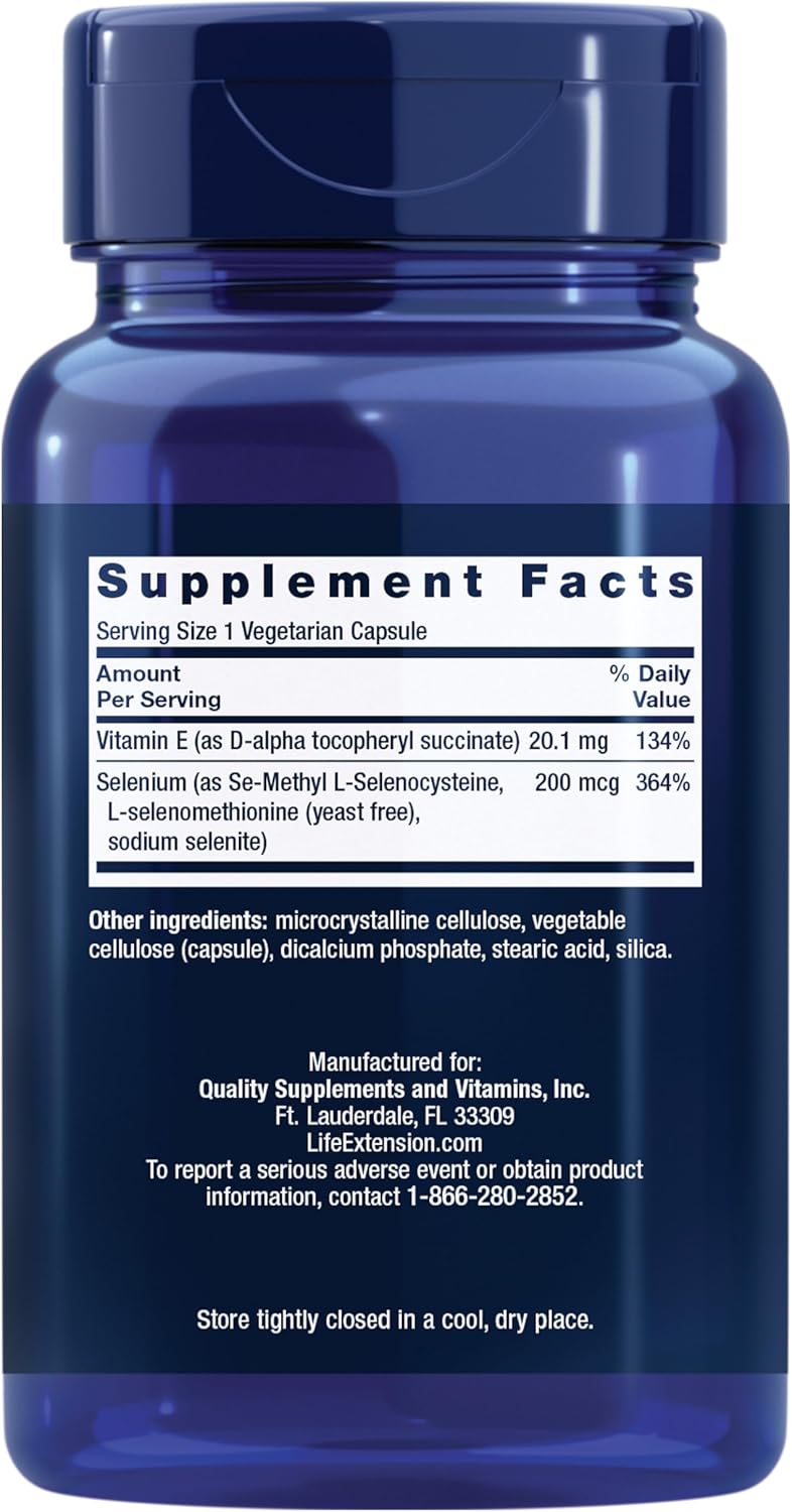 Life Extension Super Selenium Complex front label with gluten free Non-GMO icons