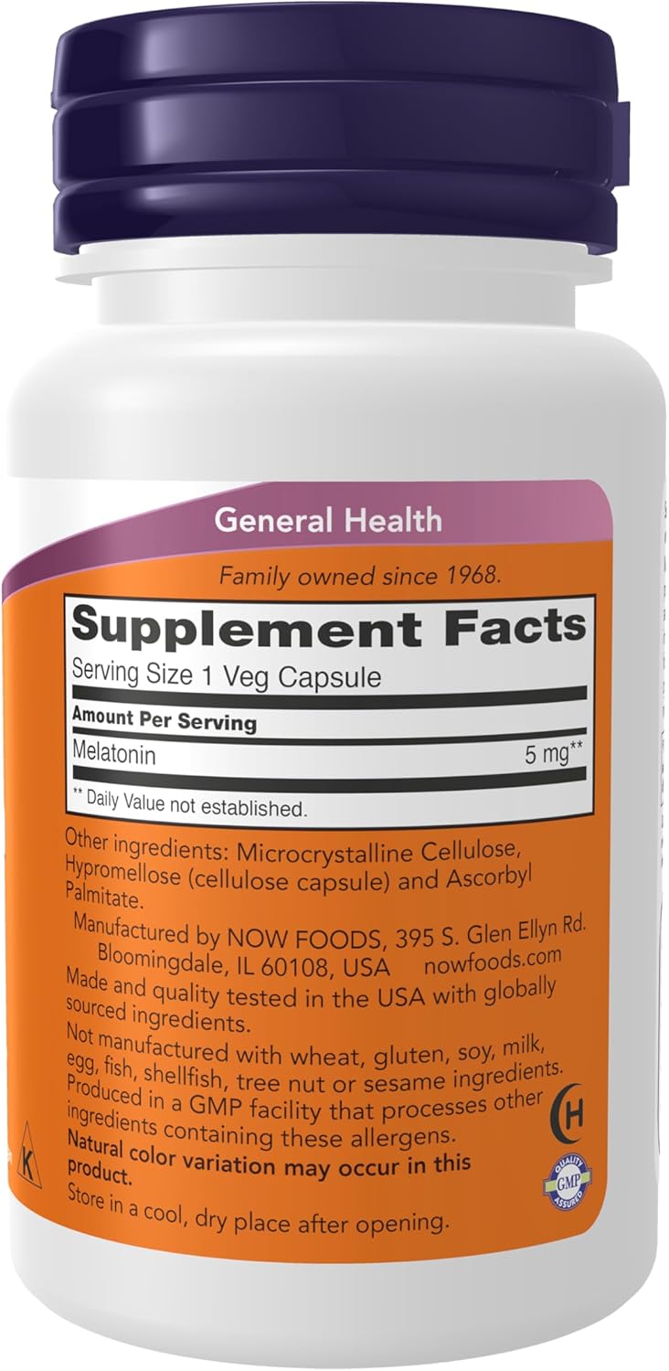Melatonin supplement facts label showing 5 mg per veg capsule