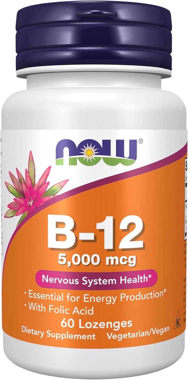 NOW Supplements Vitamin B-12 5000 mcg vegan lozenges with folic acid, 60 count