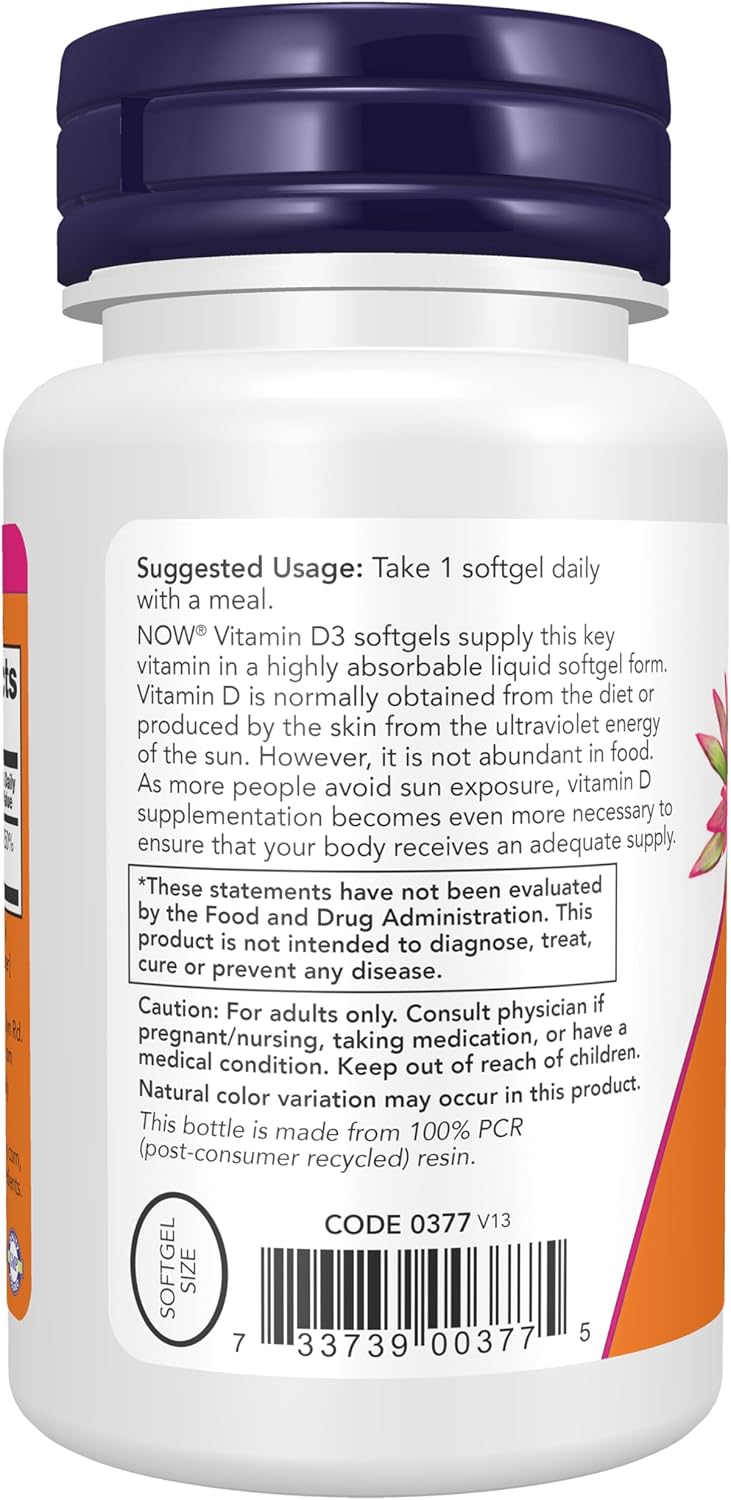NOW Vitamin D3 2,000 IU supplement facts label showing 50 mcg vitamin D