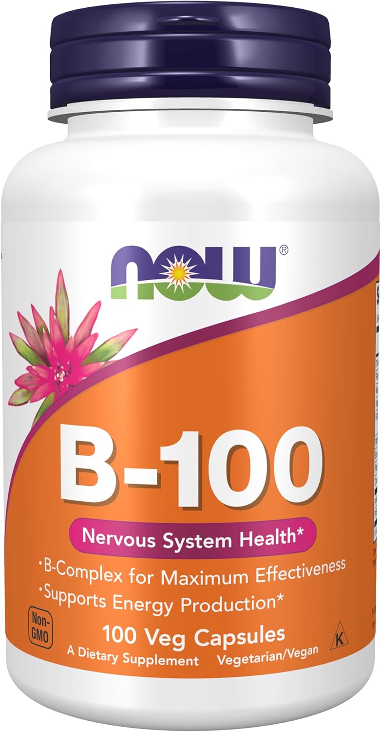 Supplement facts label for NOW Foods Vitamin B-100 Complex veg capsules