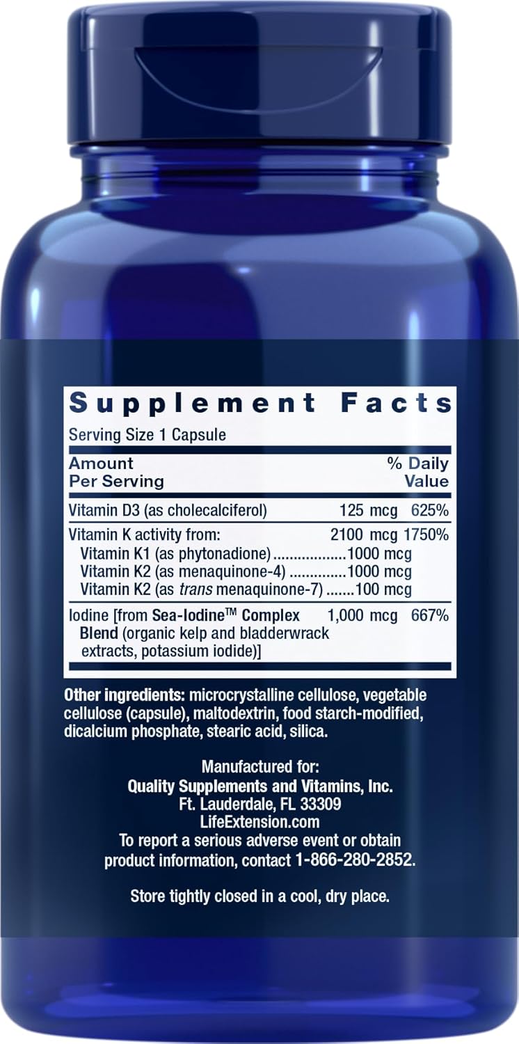 Supplement facts label for Life Extension Vitamins D and K with Sea-Iodine daily capsules