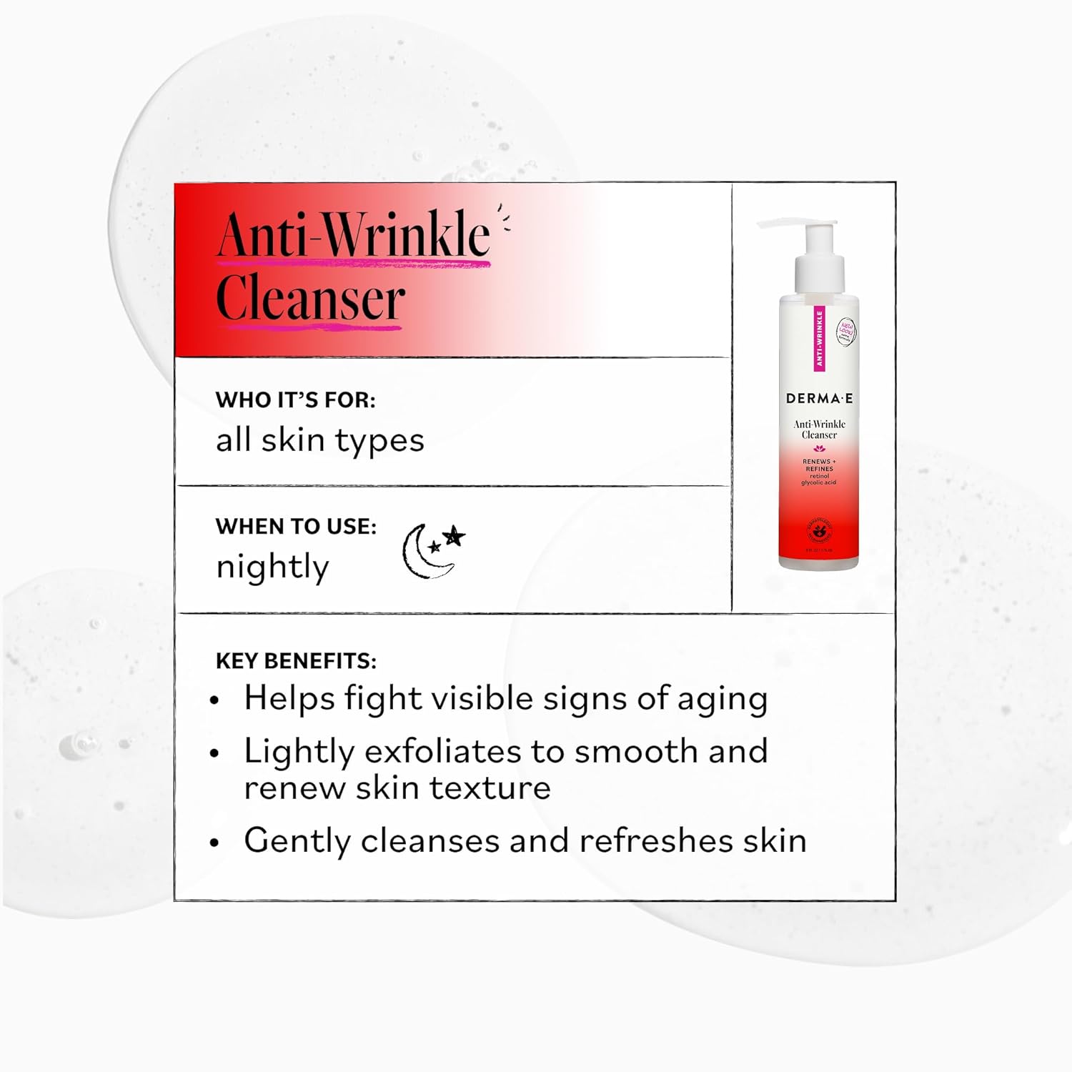 DERMA E Anti-Wrinkle Facial Cleanser with glycolic acid and vitamin A formula