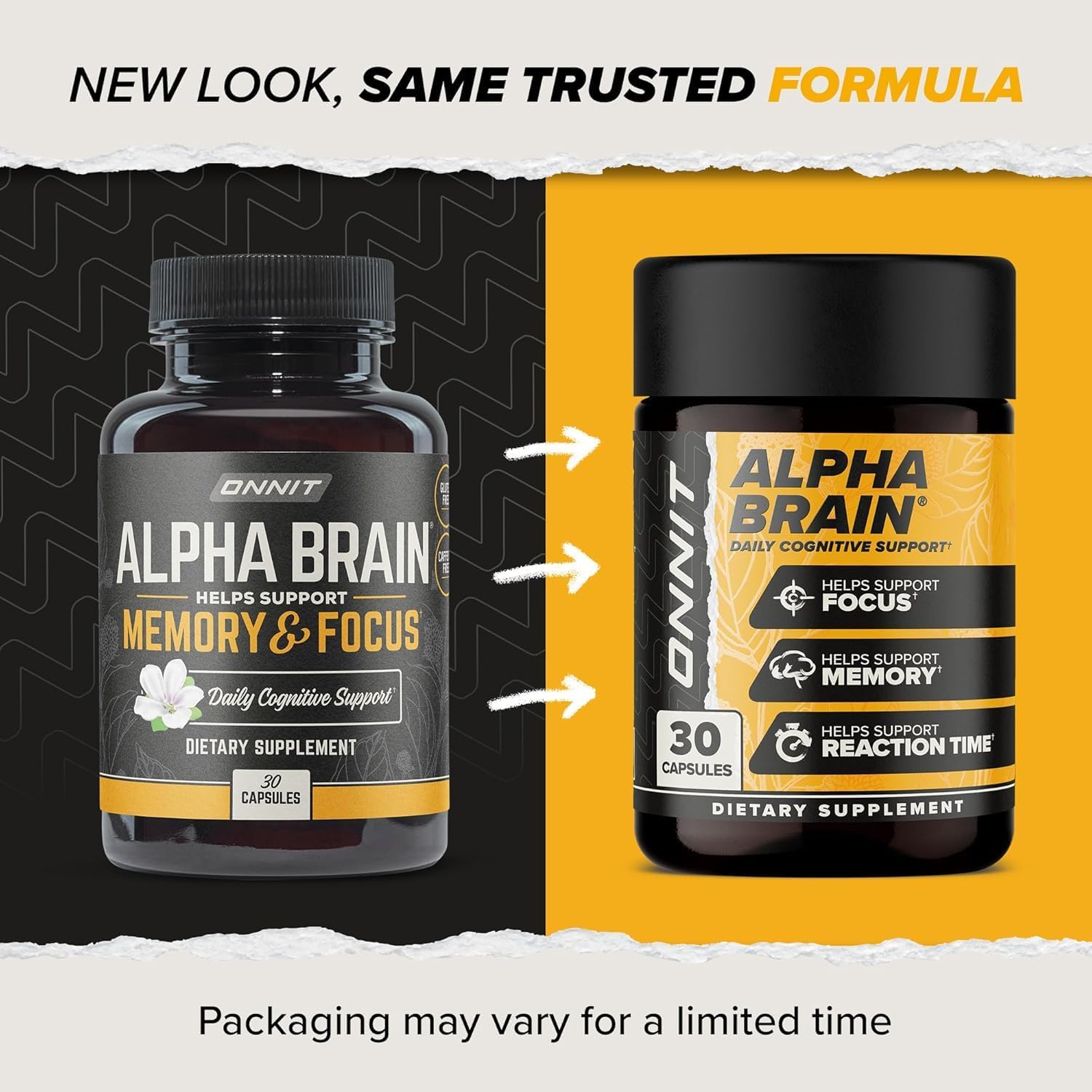 Supplement facts for Onnit Alpha Brain – includes 300 mg Alpha GPC, 175 mg Cat’s Claw, and 100 mcg Huperzine A.