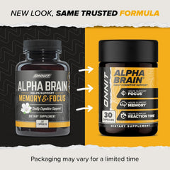 Supplement facts for Onnit Alpha Brain – includes 300 mg Alpha GPC, 175 mg Cat’s Claw, and 100 mcg Huperzine A.
