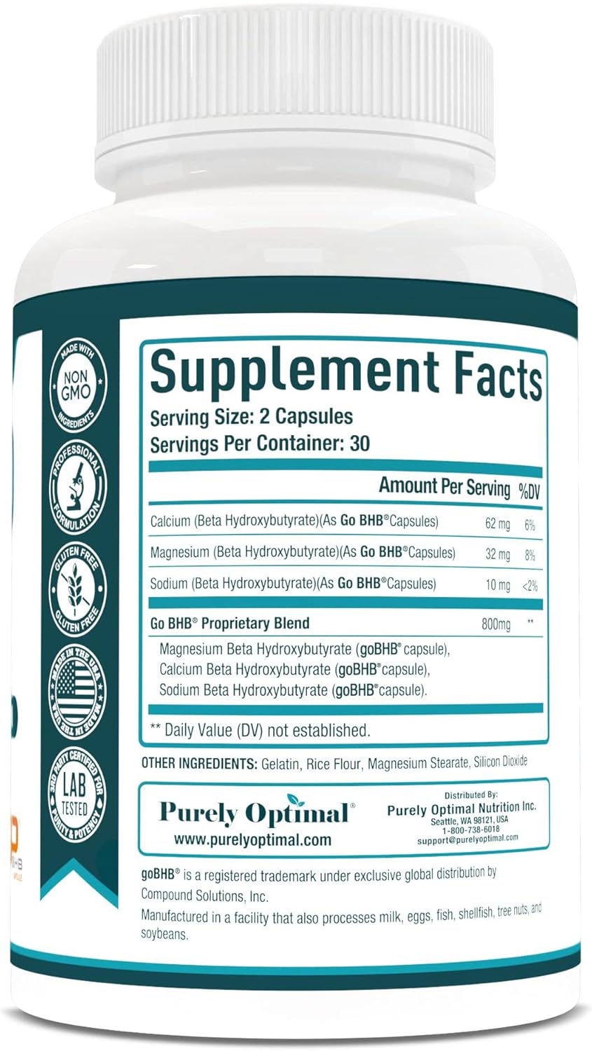 Purely Optimal Keto BHB supplement facts label with goBHB blend