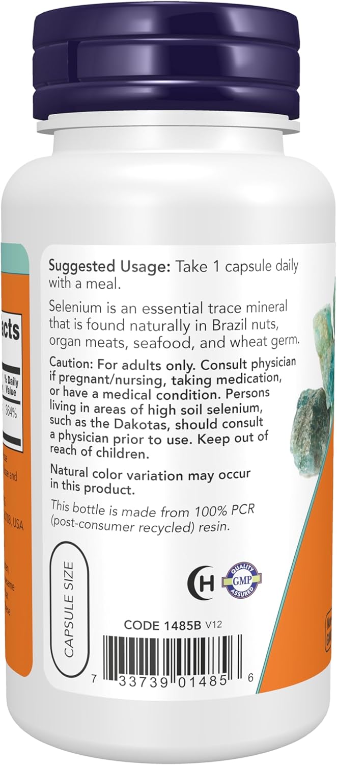 NOW Foods Selenium 200 mcg bottle, 90 vegan capsules with L-Selenomethionine support