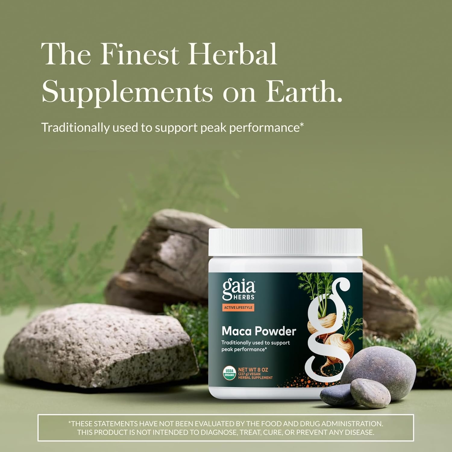 Gaia Herbs maca powder supplement with 69 servings in 8 ounce container