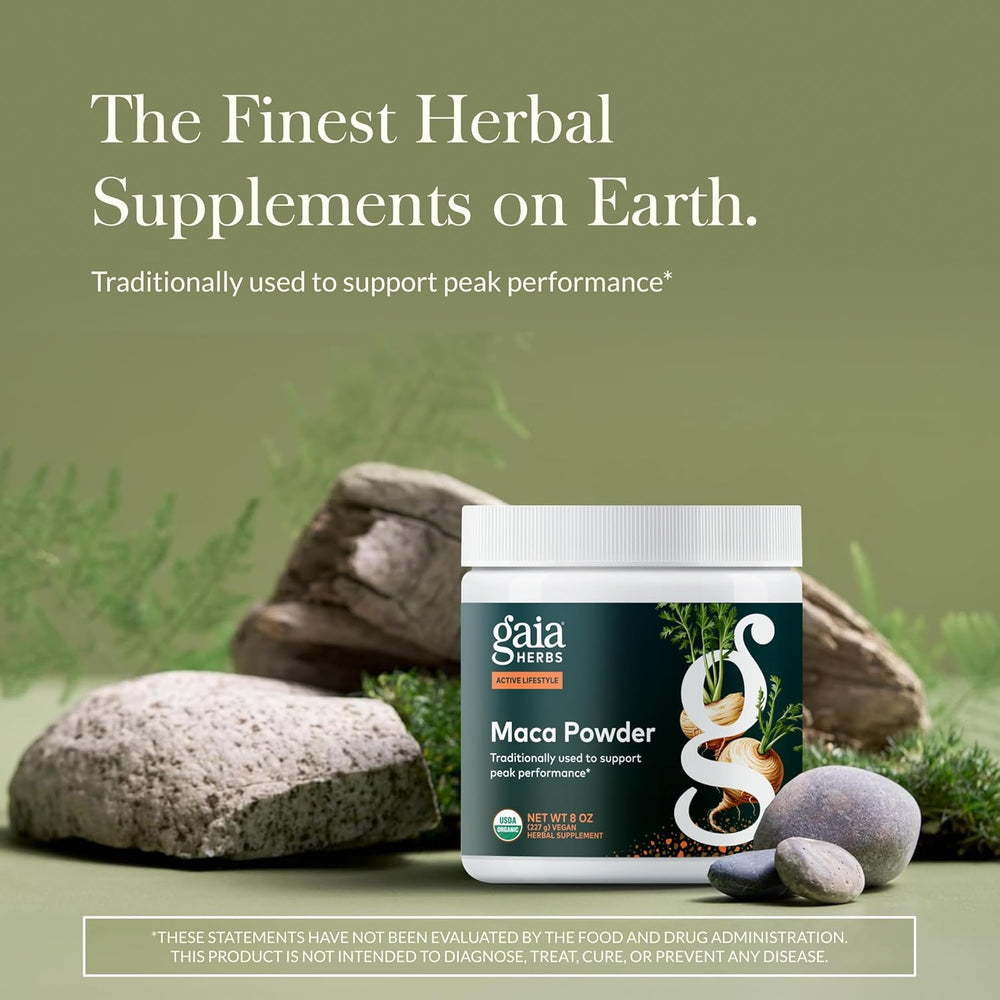 Gaia Herbs maca powder supplement with 69 servings in 8 ounce container