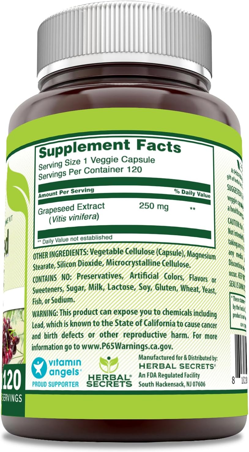 Herbal Secrets Grapeseed Extract 250mg – Non-GMO Antioxidant Support Supplement for Daily Wellness, Gluten-Free, Made in USA – 120 Veggie Capsules