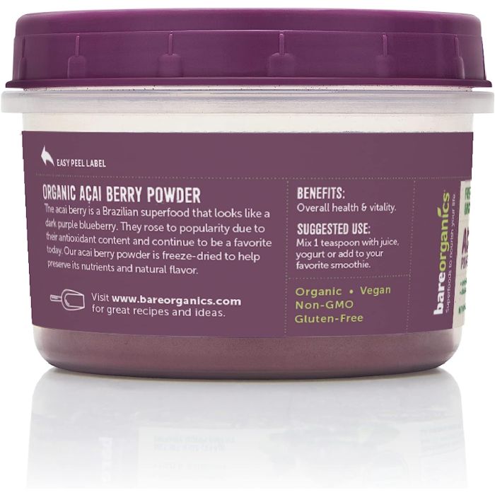 BareOrganics acai powder supplement, non-GMO and gluten free in resealable pouch
