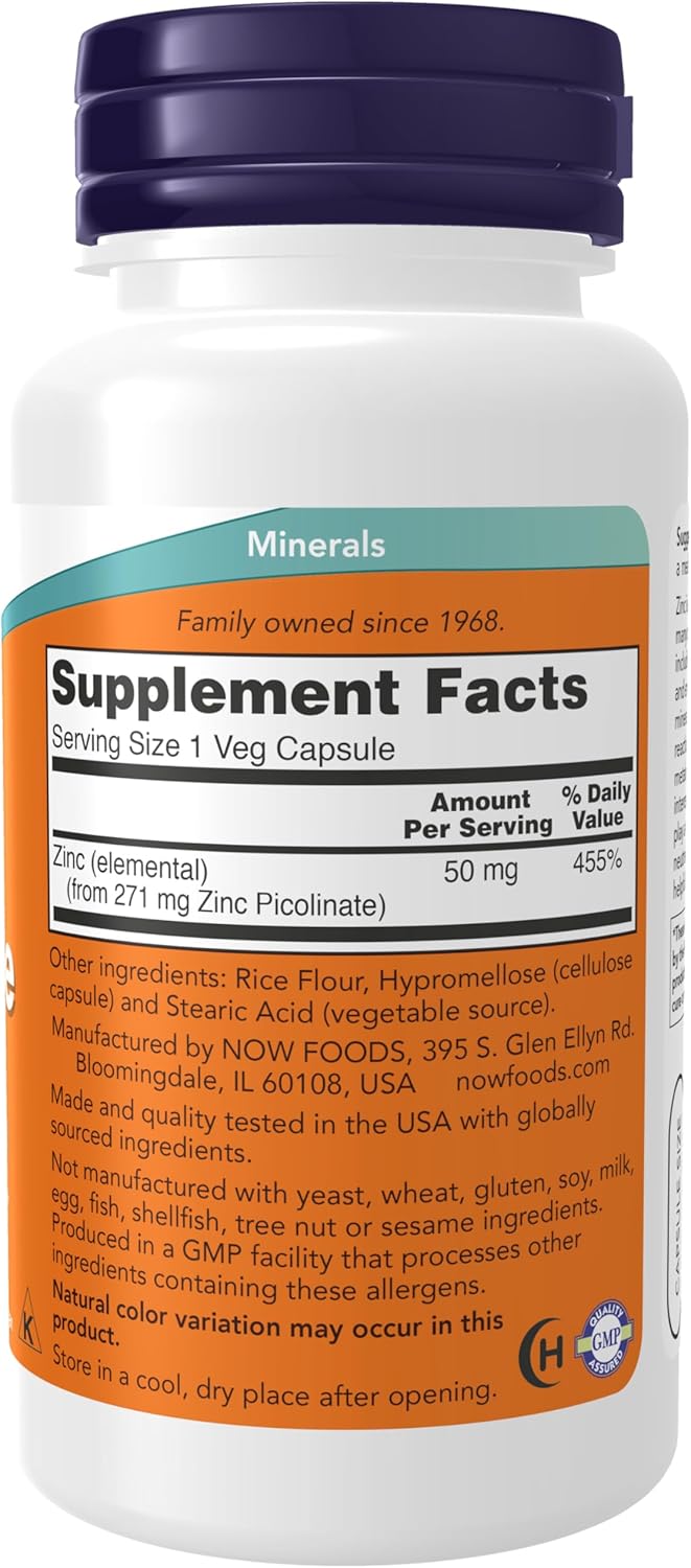 NOW Zinc Picolinate 120 vegan capsules with Non-GMO front label
