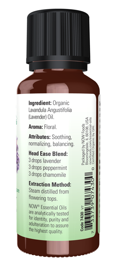 NOW Organic Essential Oils lavender bottle with floral label design