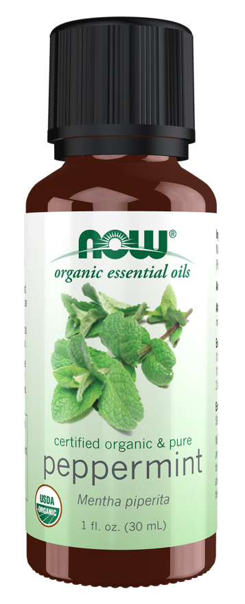 NOW Organic Essential Oils peppermint bottle with mint leaves