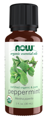 NOW Organic Essential Oils peppermint bottle with mint leaves