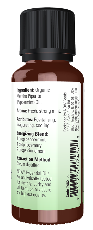 NOW peppermint oil side label with suggested use and caution
