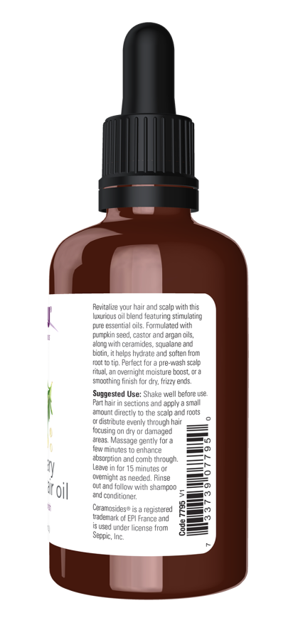NOW Solutions hair oil side label with ingredients and gluten free claim