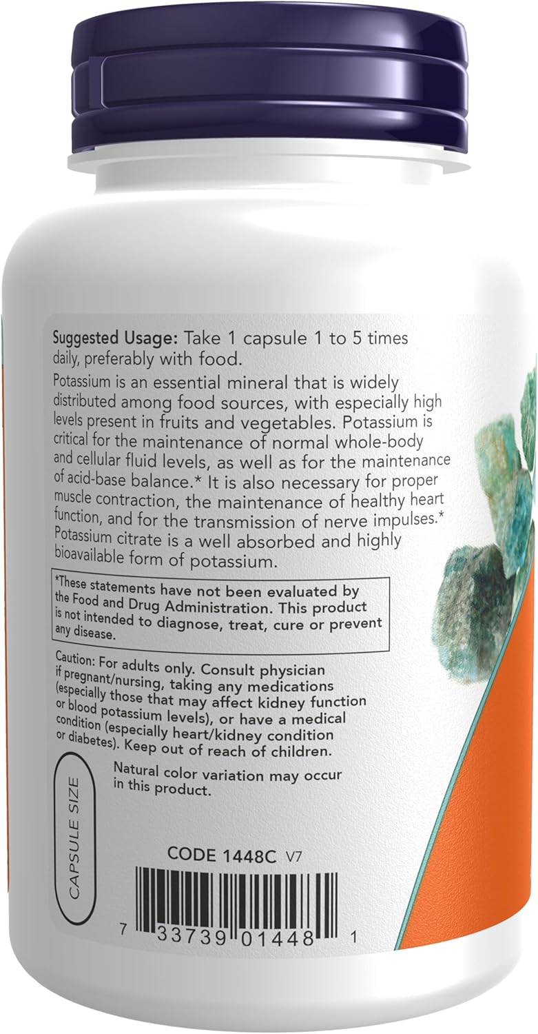 NOW Foods Potassium Citrate 99 mg bottle, 180 vegan capsules for electrolyte balance support