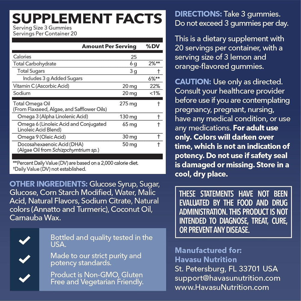 Omega 3-6-9 DHA gummies for adults with lemon orange flavor