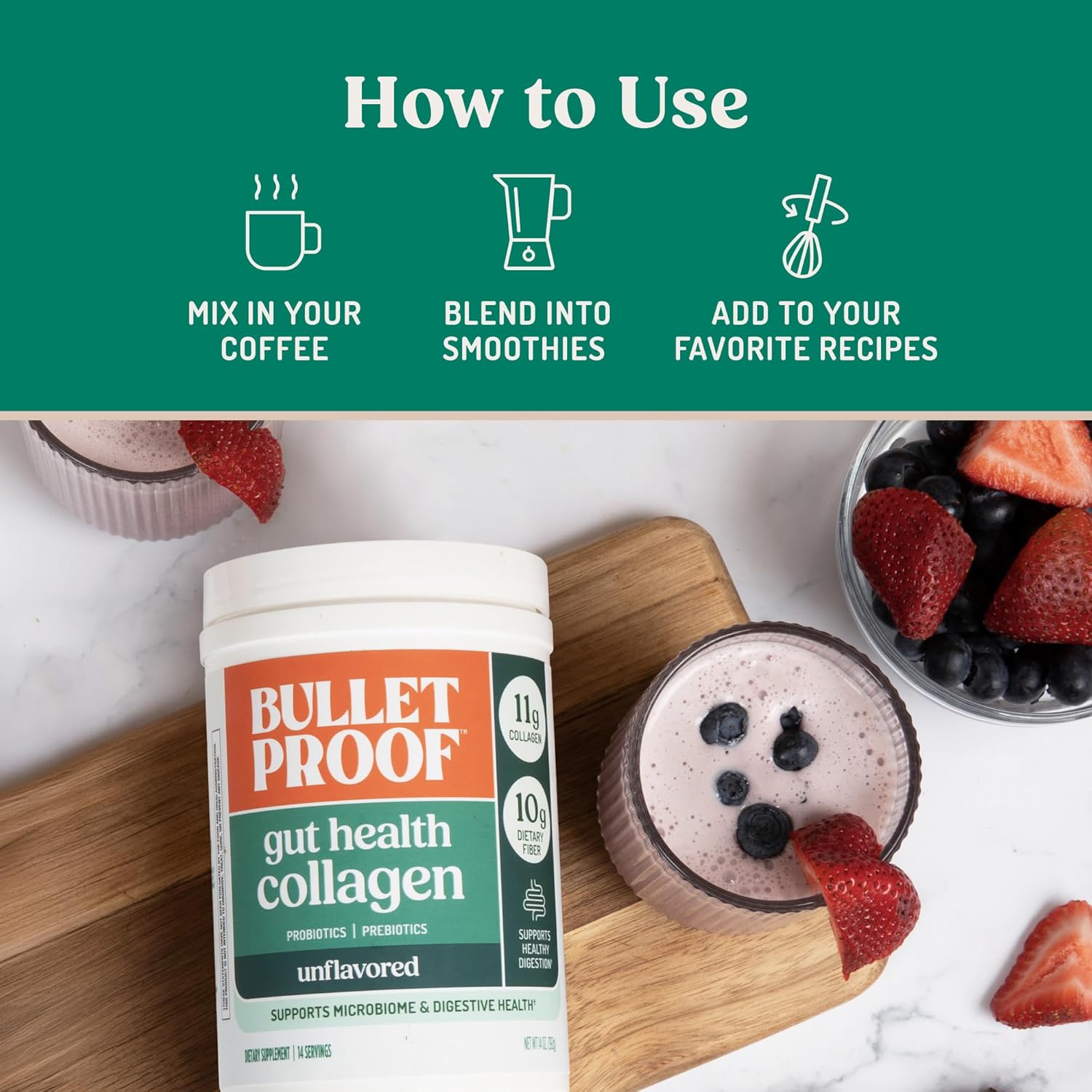 Bulletproof Gut Health Collagen Protein powder with grass-fed collagen peptides, 14 oz