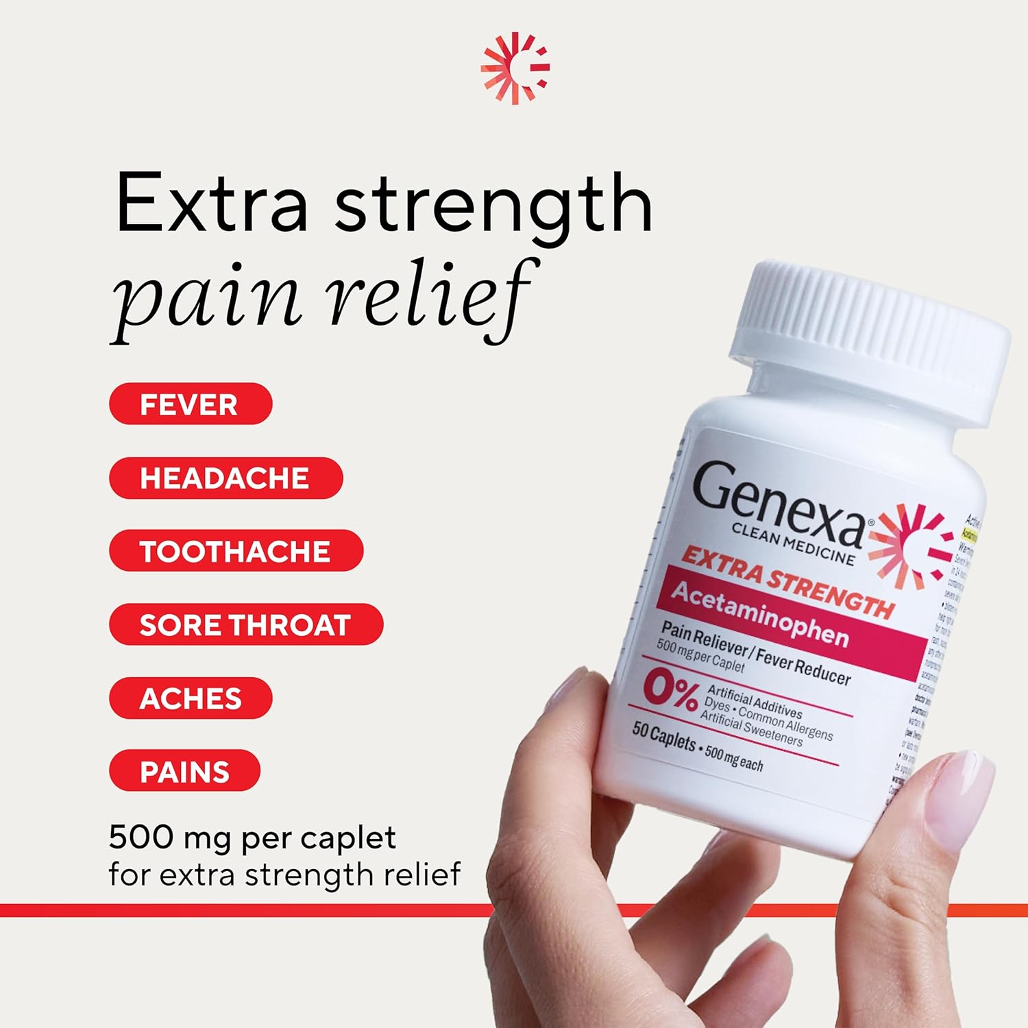 Genexa Extra Strength Acetaminophen 500 mg tablets dye-free pain reliever and fever reducer