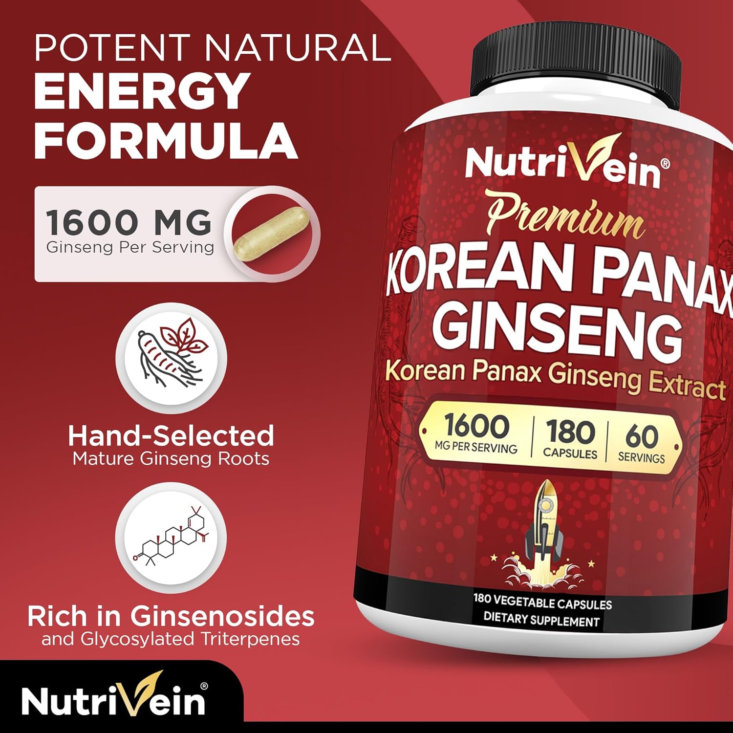 Premium Korean Panax Ginseng supplement with 60 day supply easy to swallow capsules