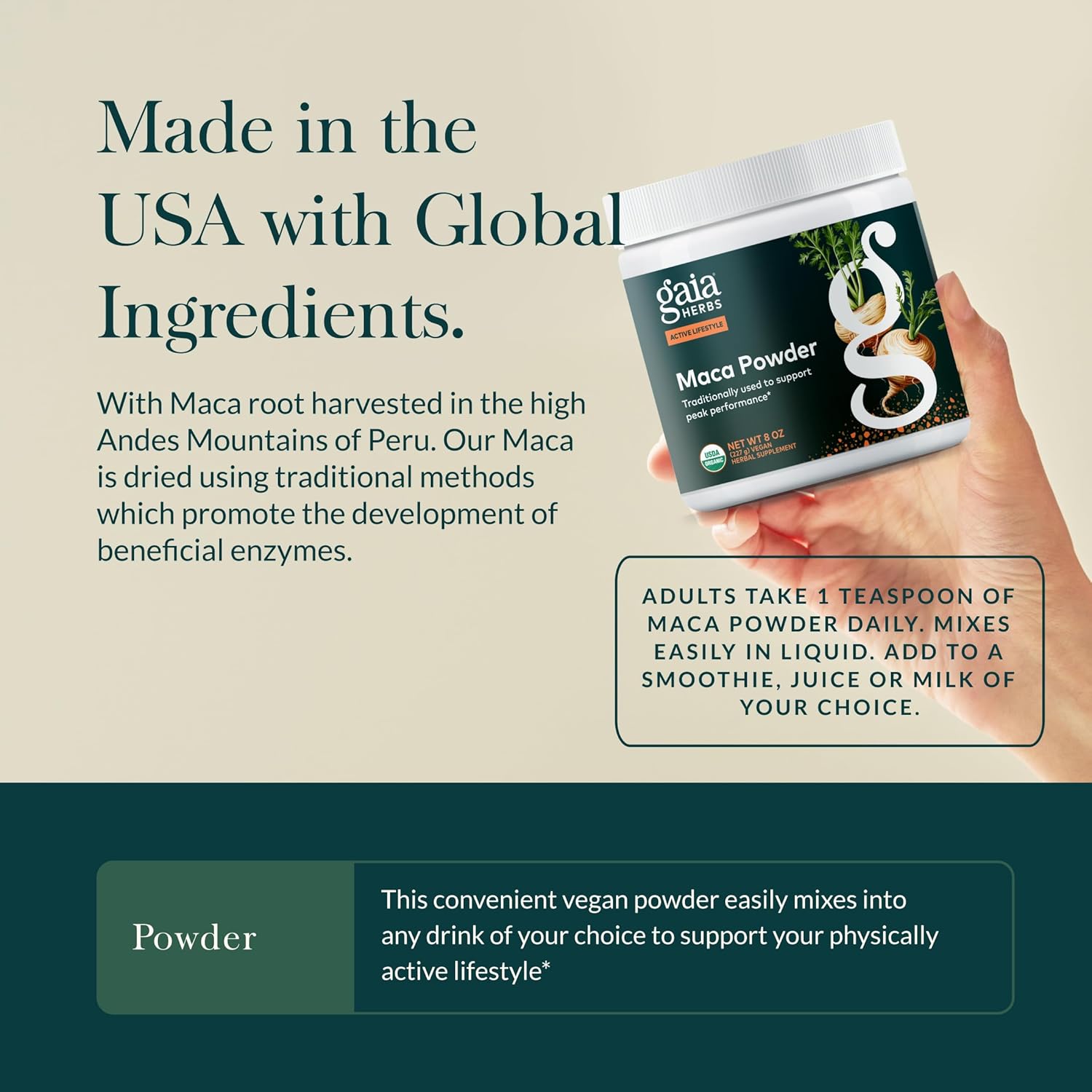 Organic maca root powder by Gaia Herbs for daily vitality and wellness support