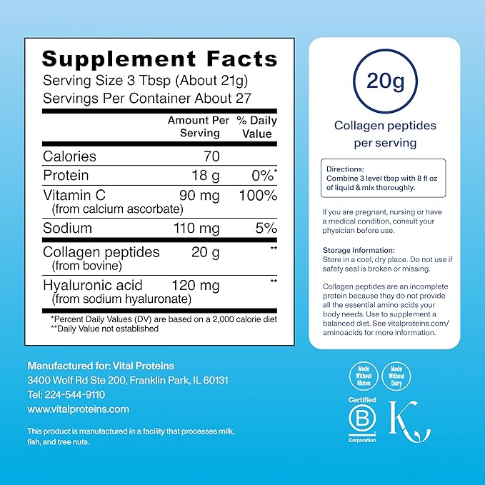 Vital Proteins unflavored collagen peptides powder supplement facts and nutrition label image