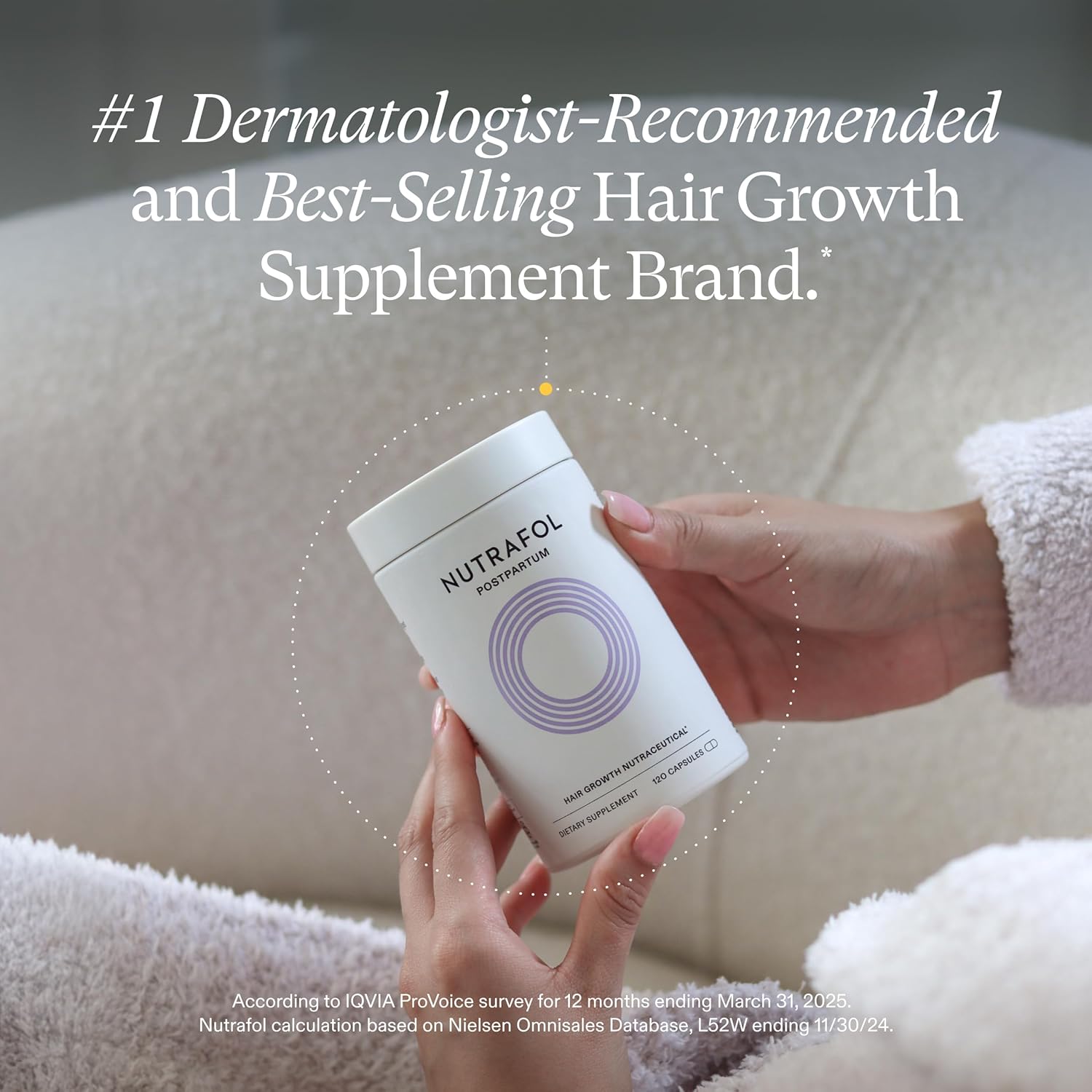 Nutrafol Postpartum hair growth nutraceutical bottle on white background