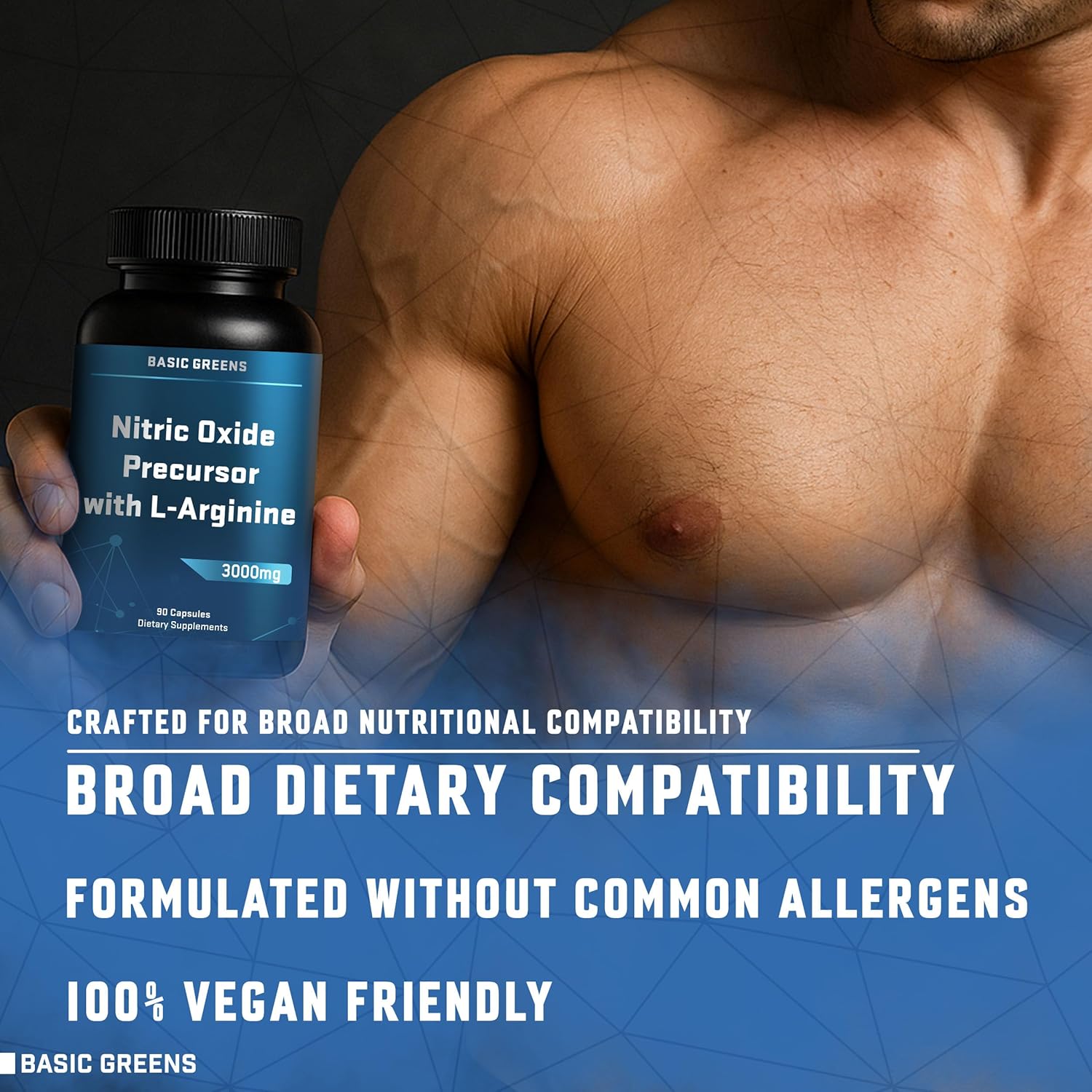 BASIC GREENS L-Arginine vegan Non-GMO supplement bottle for circulation and stamina