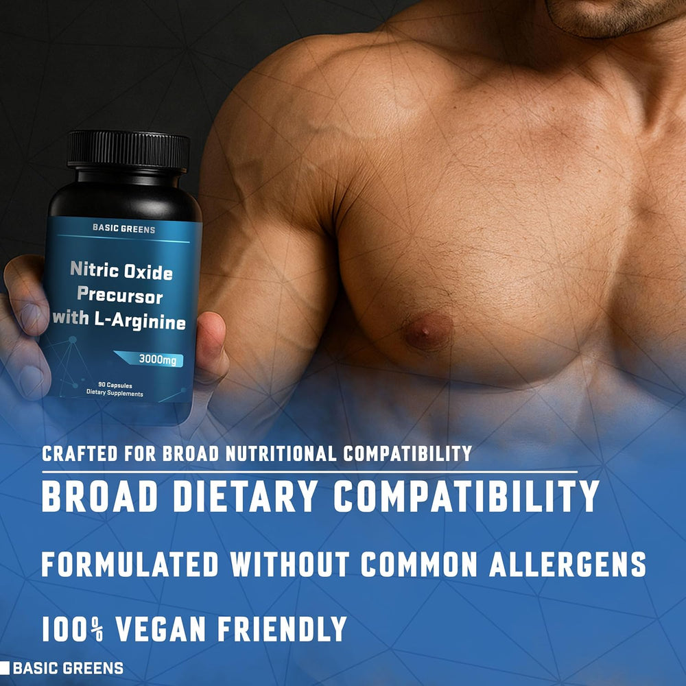 BASIC GREENS L-Arginine vegan Non-GMO supplement bottle for circulation and stamina